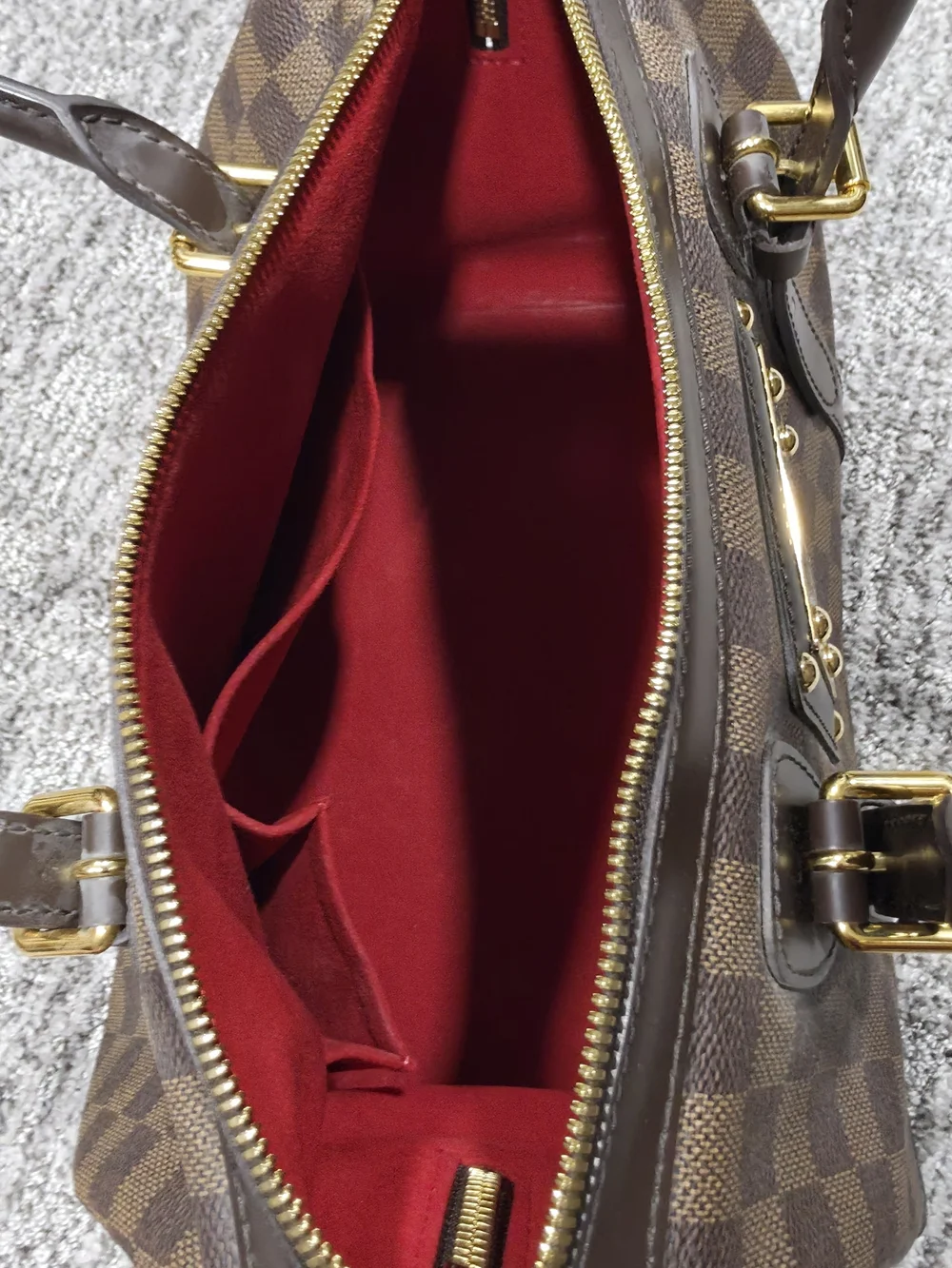 Louis Vuitton Brown Damier Ebene Satchel with Red Interior and Gold Hardware